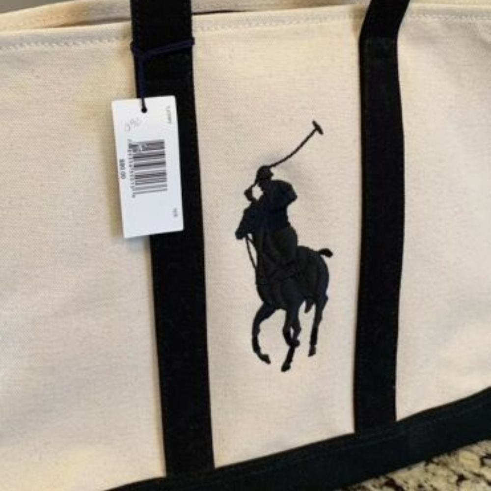 NEW Ralph Lauren Pony Canvas Tote Bag Beige Blue